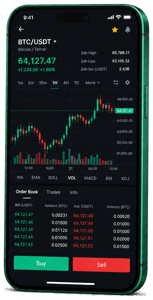 Kilde Vermofoss handelsplattform på mobil – sanntids BTC/USDT-kurs, ordrebok og kjøps-/salgsgrensesnitt